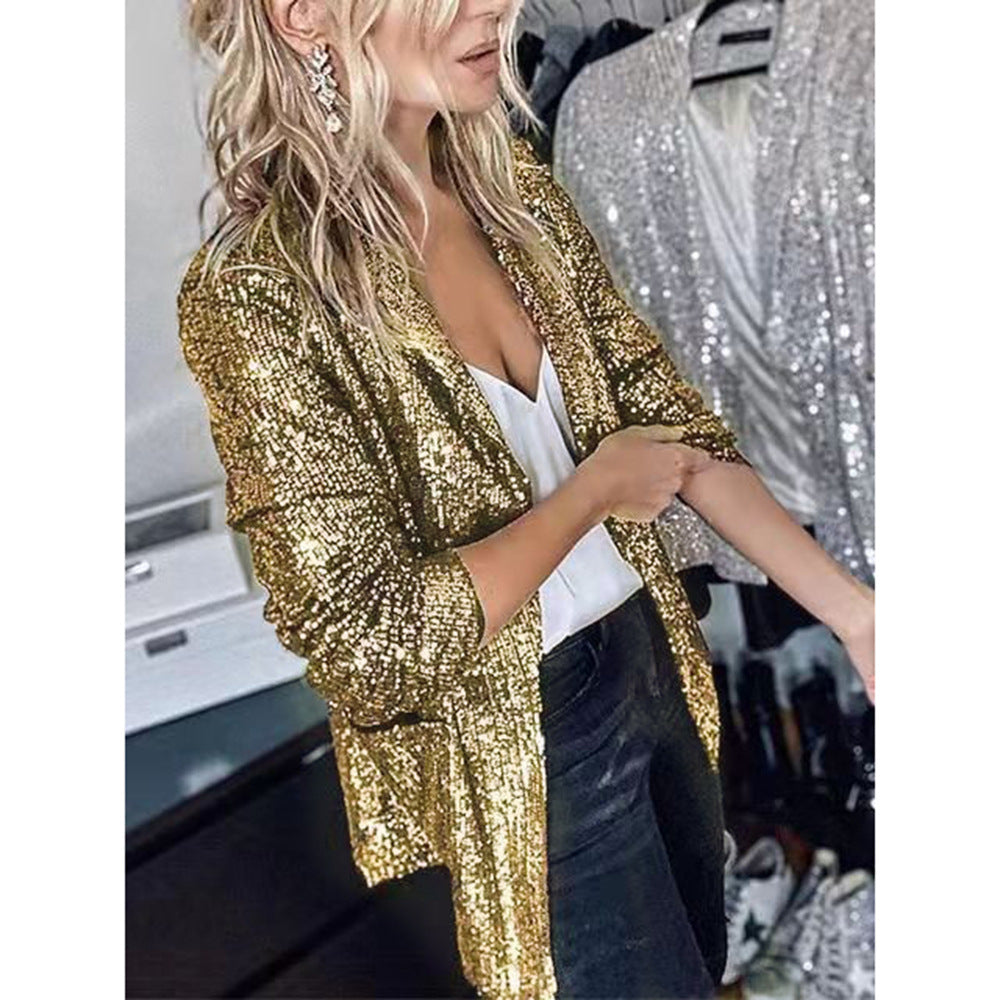 Damen Glamouröse Blazerjacke mit Paillettenbesatz und langem Arm Heidi-Mode