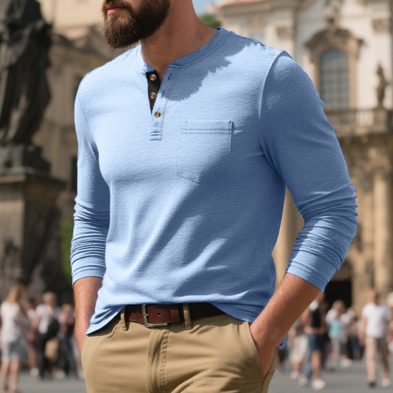 Herren Langarmshirt mit Knopfleiste und Brusttasche Heidi-Mode
