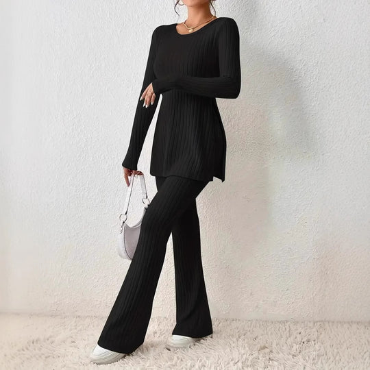 Damen Fein geripptes Lounge-Set mit langen Ärmeln und ausgestellten Beinen Heidi-Mode