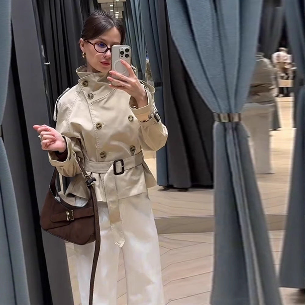 Damen trendige Kurzjacke im modernen Trenchcoat-Stil mit breitem Kragen und Taillengürtel Heidi-Mode