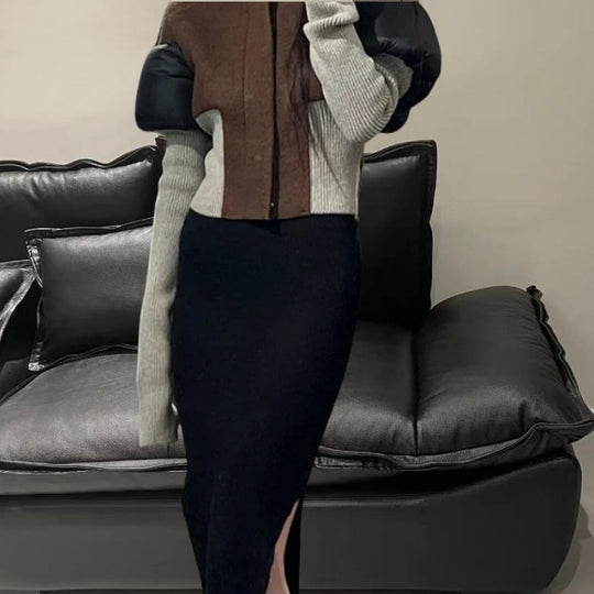 Damen Strickjacke mit modischem Schnitt und kontrastierenden Ärmeln Heidi-Mode