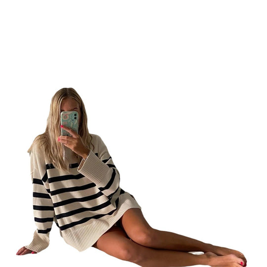 Damen Oversized Strickpullover mit hohem Kragen und trendigem Streifenmuster Heidi-Mode