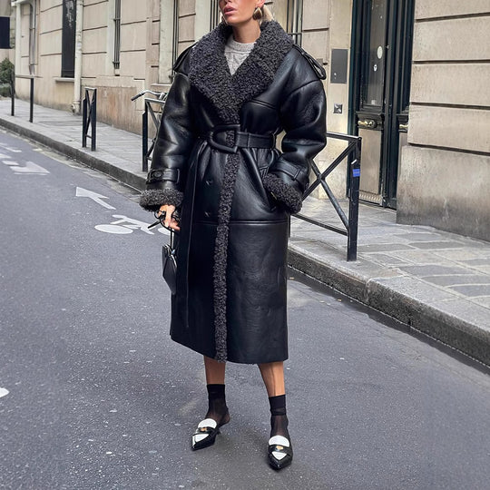 Damen Oversized Kunstledermantel mit strukturiertem Innenfutter Heidi-Mode