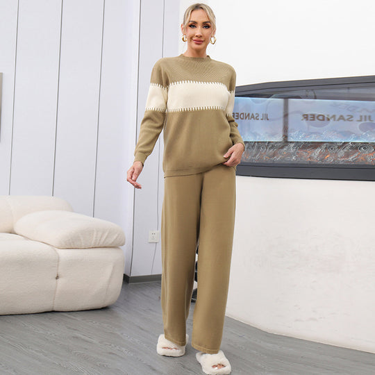 Damen gemütliches Strick-Loungewear-Set mit elegantem Strukturmuster und weitem Bein Heidi-Mode