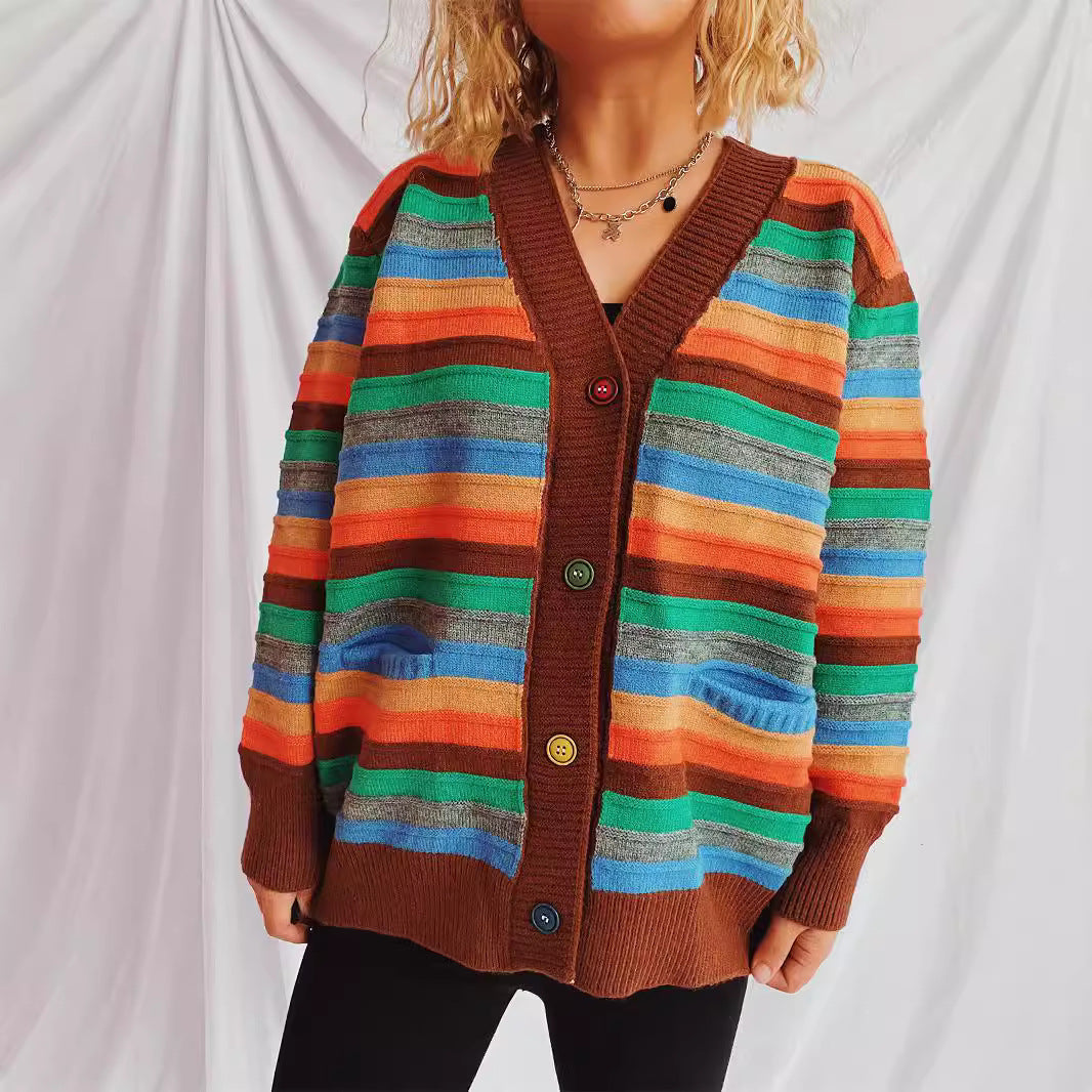 Damen Strickjacke mit buntem Streifenmuster und knöpfbarem Design Heidi-Mode