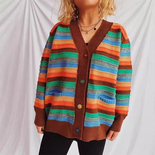 Damen Strickjacke mit buntem Streifenmuster und knöpfbarem Design Heidi-Mode