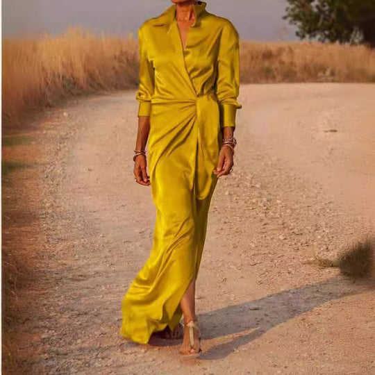 Damen Elegantes Wickel-Maxi-Kleid mit vielseitigem Kragen und seitlichem Schlitz Heidi-Mode