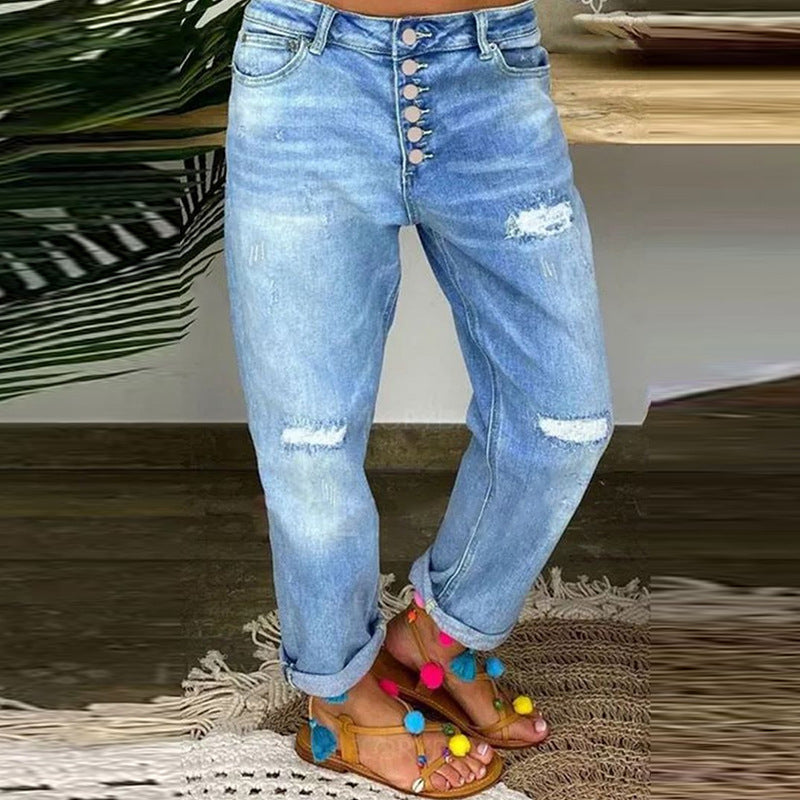 Damen Boyfriend Jeans mit Knopfleiste und distressed Effekten Heidi-Mode