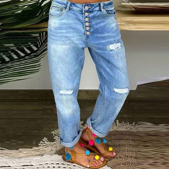 Damen Boyfriend Jeans mit Knopfleiste und distressed Effekten Heidi-Mode