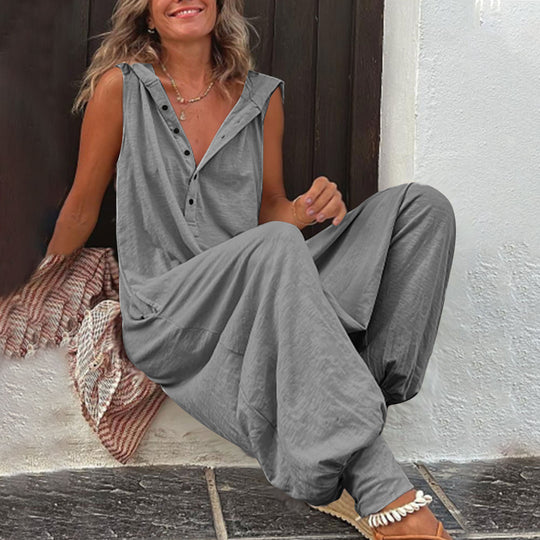 Damen Lässiger Jumpsuit mit Kapuze und Knopfdetails Heidi-Mode