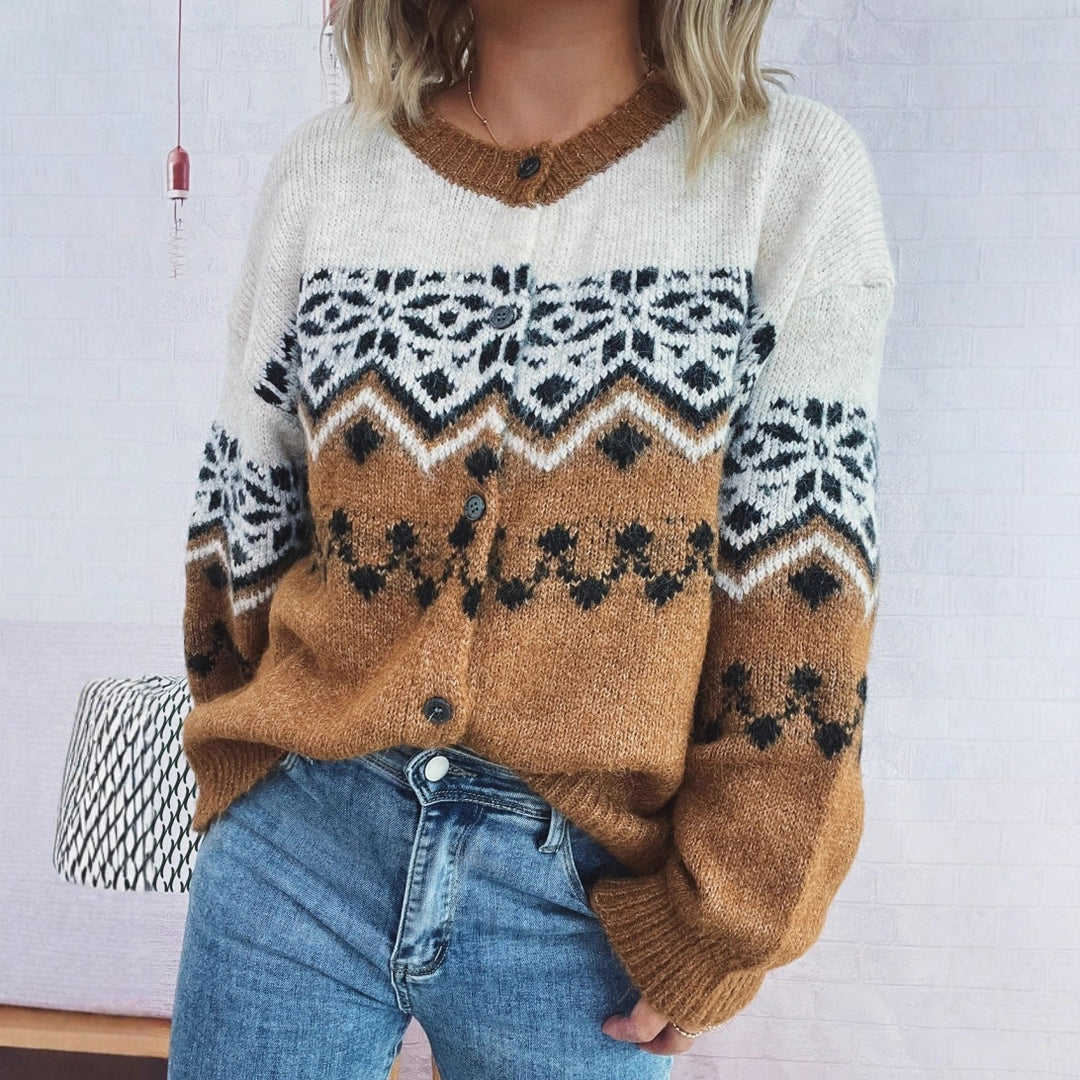 Damen kuschelige Strickjacke mit großem Muster und hochwertiger Verarbeitung Heidi-Mode