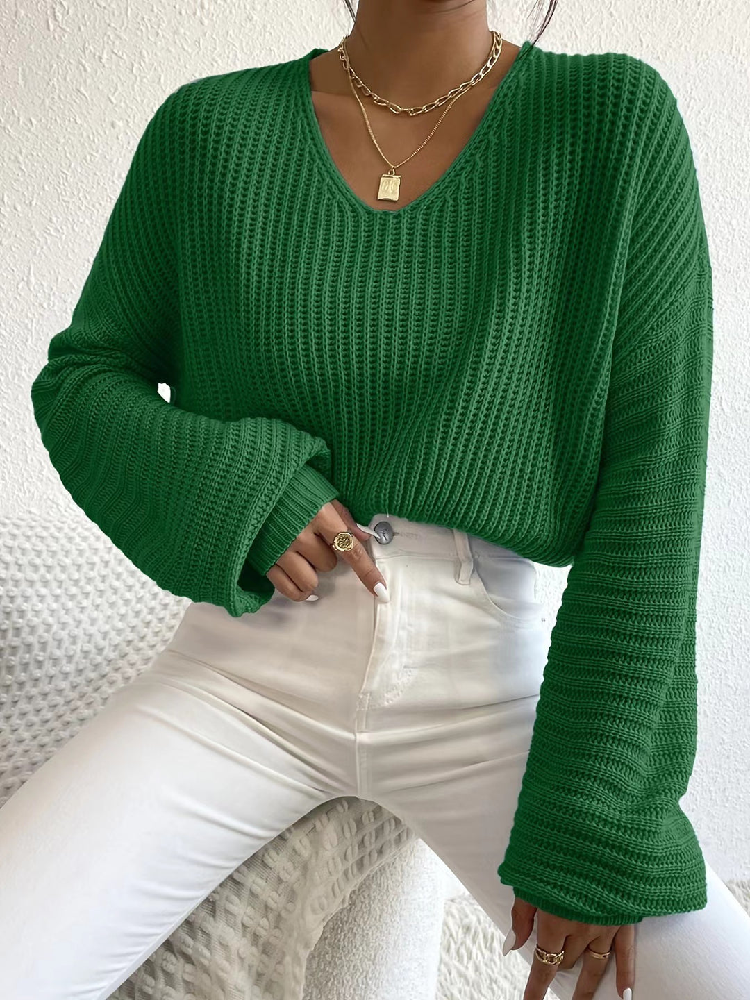 Damen V-Ausschnitt Strickpullover mit weiten Ärmeln Heidi-Mode