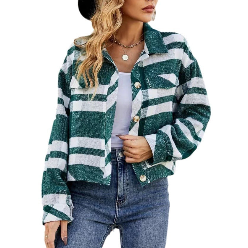 Damen Karierte Utility-Jacke mit voluminösen Ärmeln und Knopfleiste Heidi-Mode