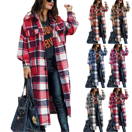 Damen Langarm-Wolljacke mit Karomuster und praktischen Taschen Heidi-Mode