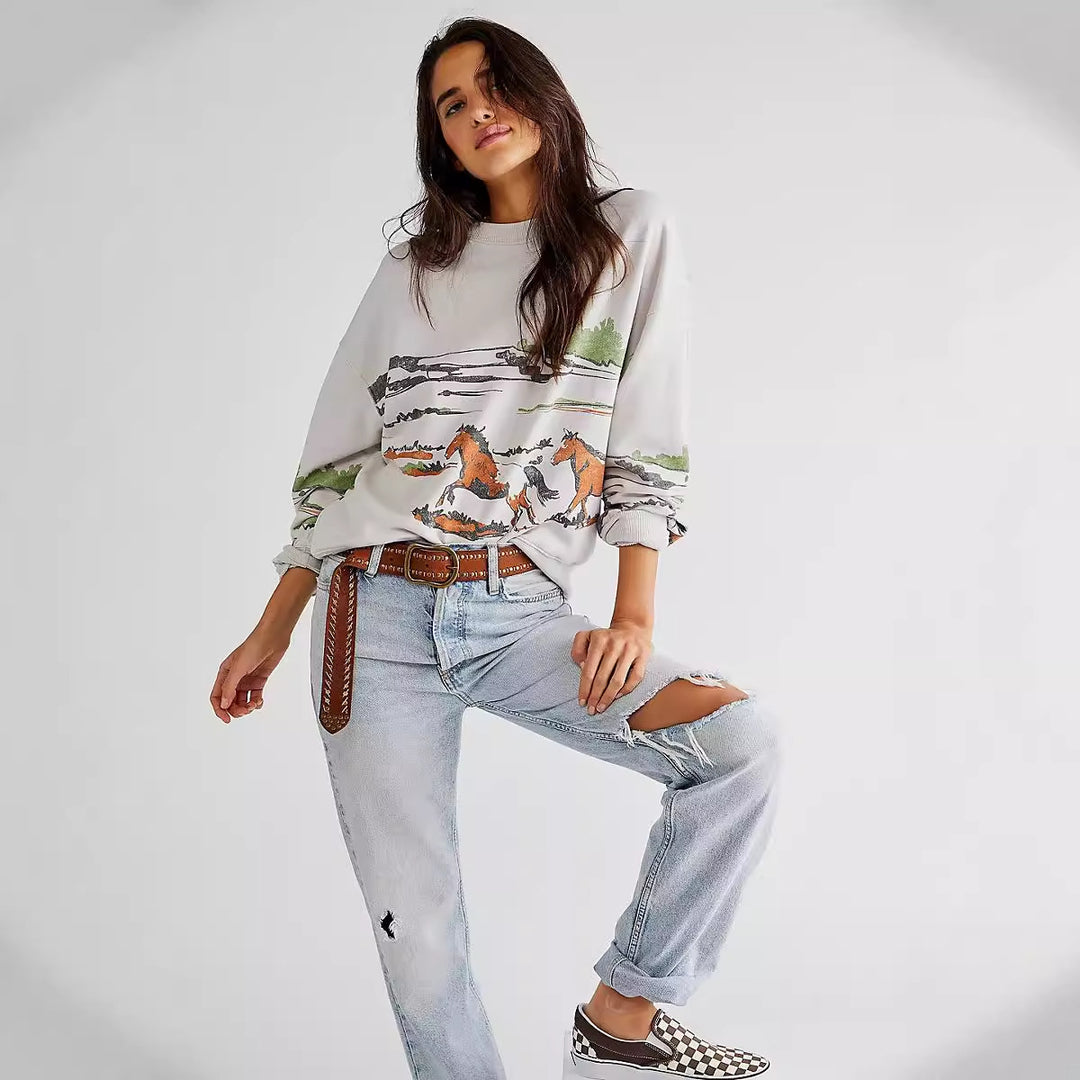 Damen Sweatshirt mit kreativer Pferdemotiv-Grafik und lässigem Schnitt Heidi-Mode