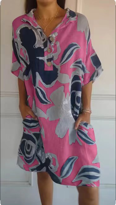 Damen luftiges Strandkleid mit modischem Muster und seitlichen Taschen Heidi-Mode