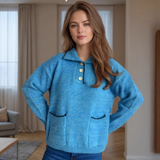 Damen Pullover mit kontrastierendem Kragen und dekorativen Knöpfen Heidi-Mode