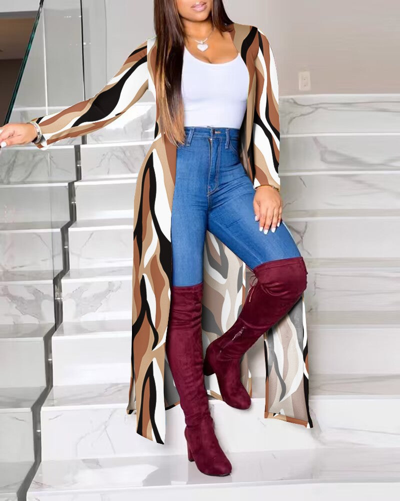 Damen Lange Strickjacke mit modernem grafischem Muster Heidi-Mode
