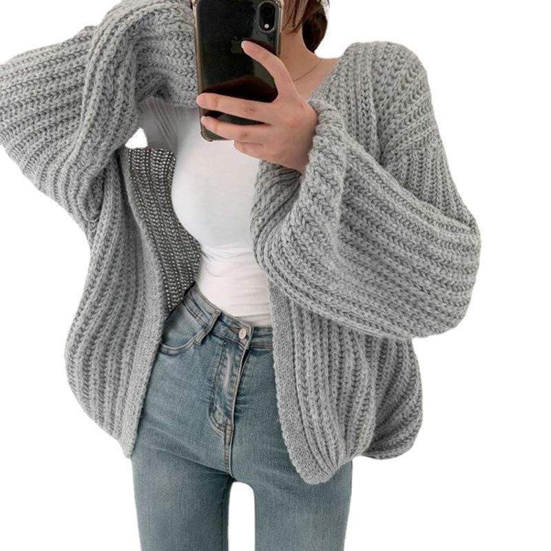 Damen grob gestrickte Oversized Cardigan mit tiefem V-Ausschnitt Heidi-Mode