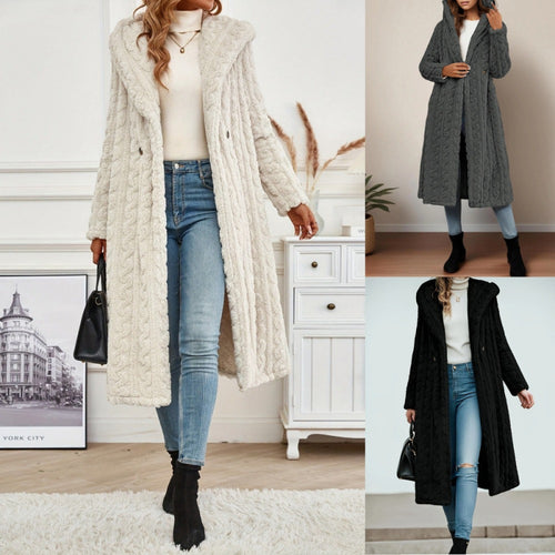 Damen Strickmantel mit Oversized-Kragen und originellen Zopfmuster Heidi-Mode