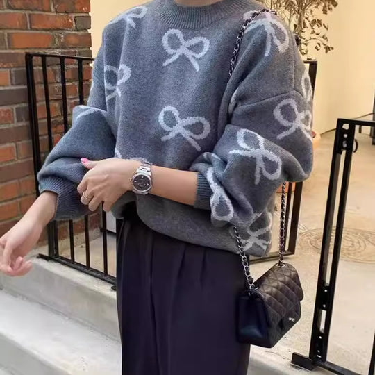 Damen Weicher Pullover mit romantischem Schleifenmuster Heidi-Mode