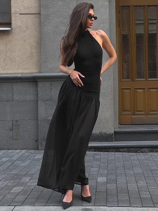 Damen Maxi-Kleid mit elegantem Stehkragen und fließendem Rock Heidi-Mode
