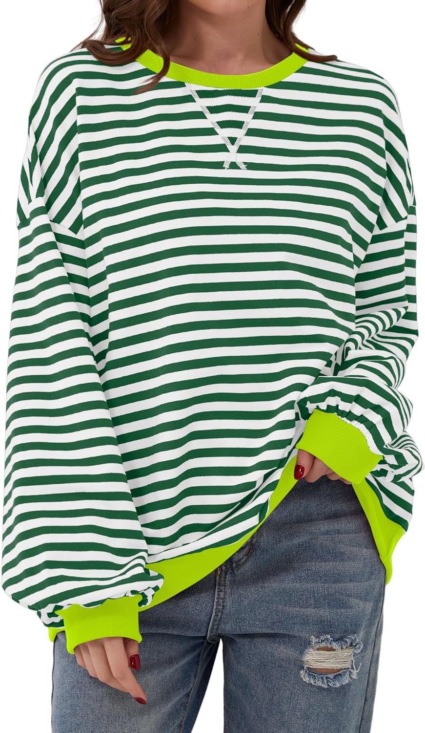 Damen lässiger Oversized Sweatshirt mit bunten Streifen und Kapuzenkordel Heidi-Mode