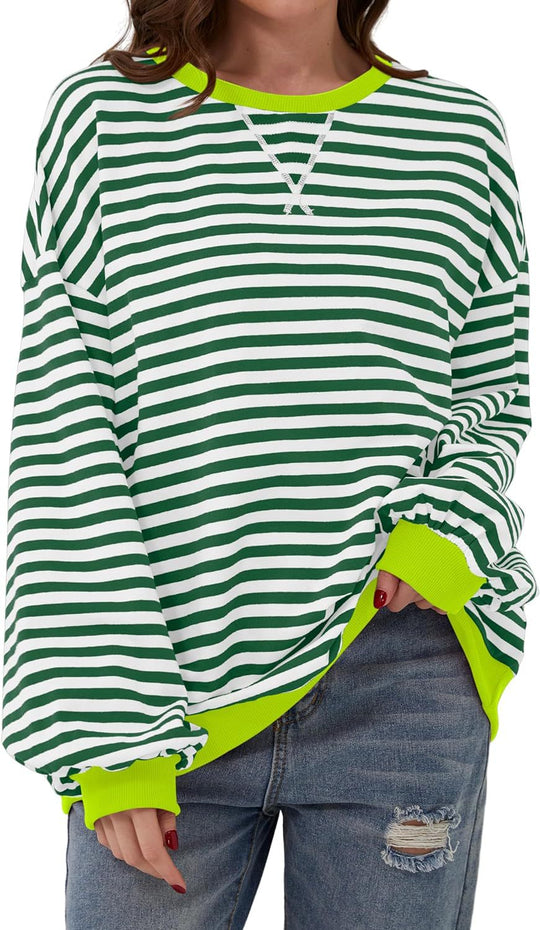 Damen lässiger Oversized Sweatshirt mit bunten Streifen und Kapuzenkordel Heidi-Mode