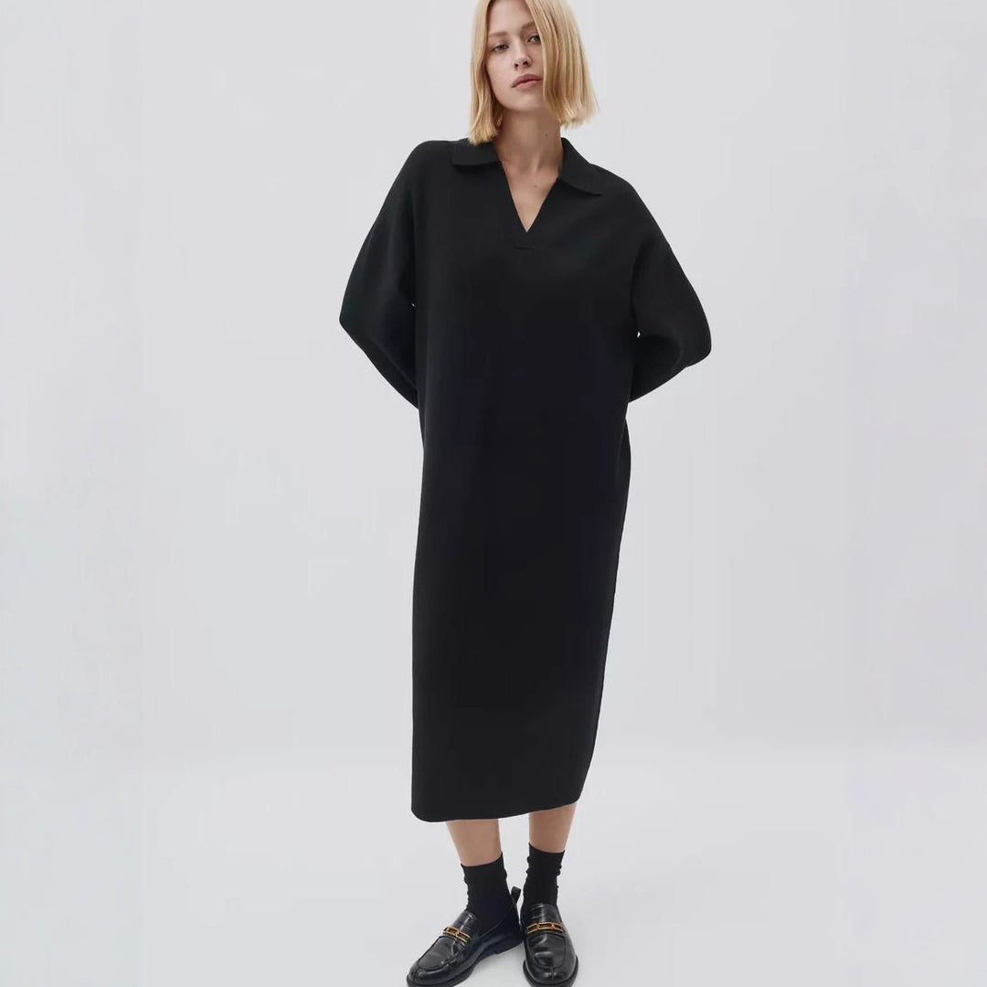 Damen Übergröße Strickkleid mit modernem Polokragen und langen Ärmeln Heidi-Mode