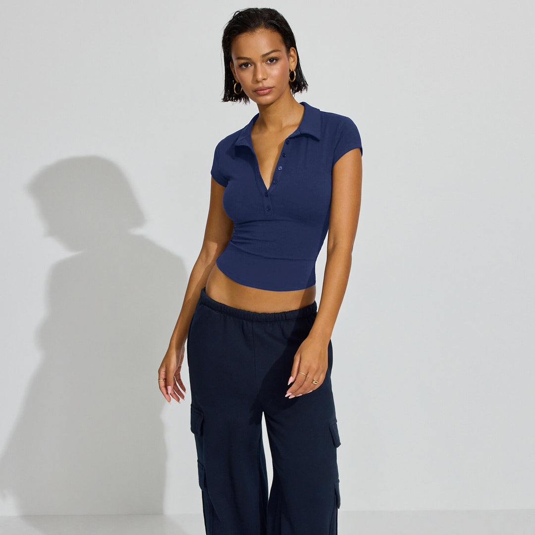 Damen Polo-Shirt mit kurzem Schnitt und modischer Knopfleiste Heidi-Mode