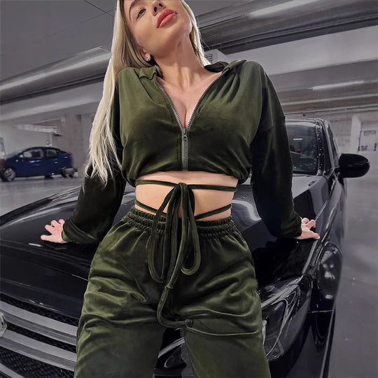 Damen Sportliches Fleece Lounge-Set mit Kapuze und elastischem Bund Heidi-Mode