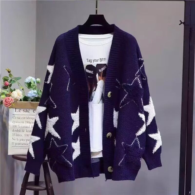 Damen Grobstrick-Cardigan mit Sternenmuster und tiefem V-Ausschnitt Heidi-Mode
