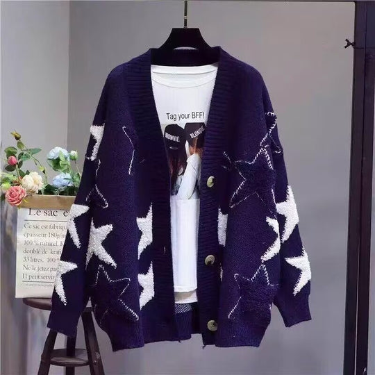 Damen Grobstrick-Cardigan mit Sternenmuster und tiefem V-Ausschnitt Heidi-Mode
