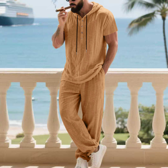 Herren komfortables Freizeit-Set mit modischem Henley-Oberteil und lockeren Hosen Heidi-Mode