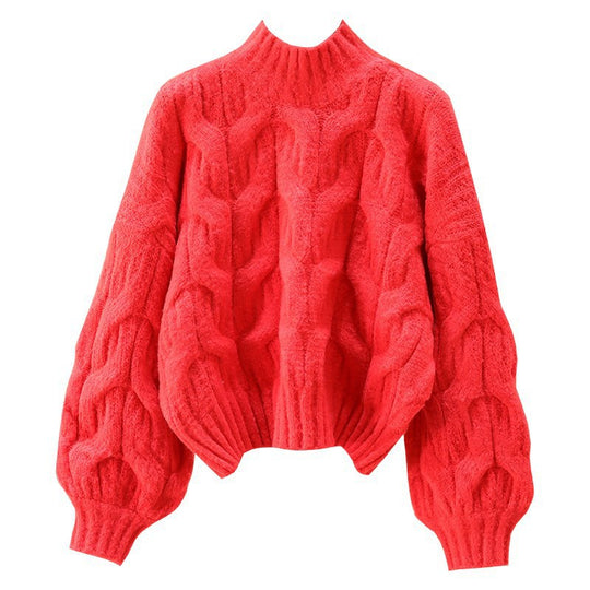 Damen kuscheliger Strickpullover mit voluminösen Ärmeln und Zopfmuster Heidi-Mode