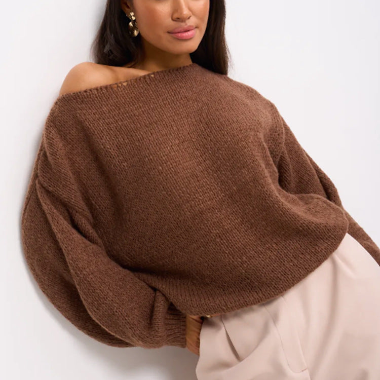 Damen Flauschiger Off-Shoulder Pullover mit überschnittenen Schultern Heidi-Mode