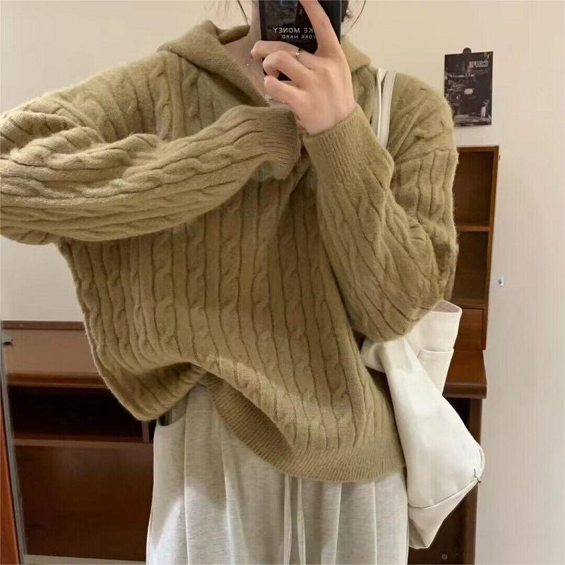 Damen Kuscheliger Strickpullover mit Kapuze und Kabelmuster Heidi-Mode