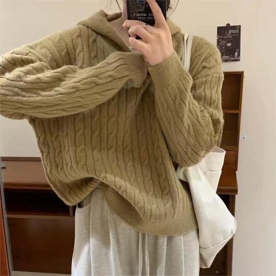 Damen Kuscheliger Strickpullover mit Kapuze und Kabelmuster Heidi-Mode