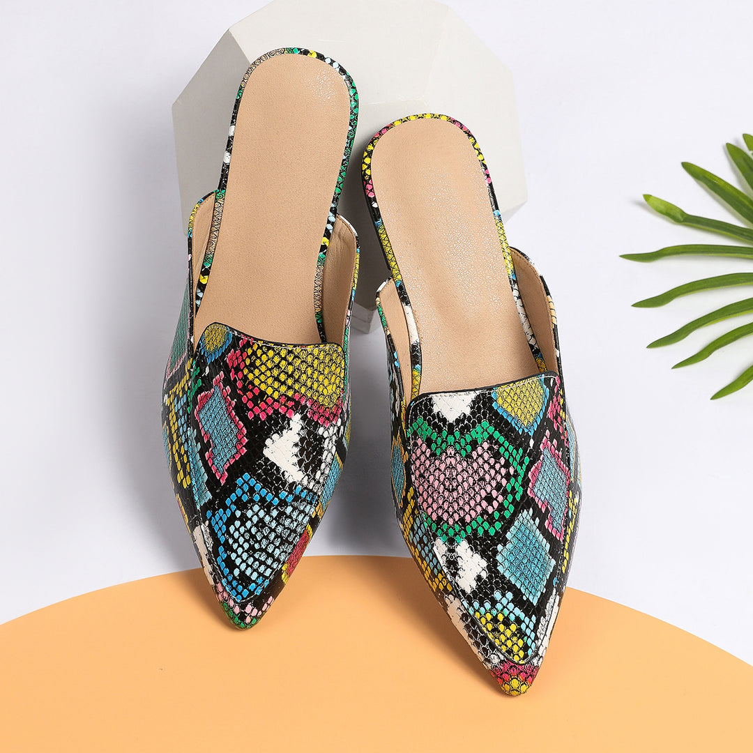 Damen Slip-On Mules mit buntem Schlangenmuster und komfortablem Fußbett Heidi-Mode