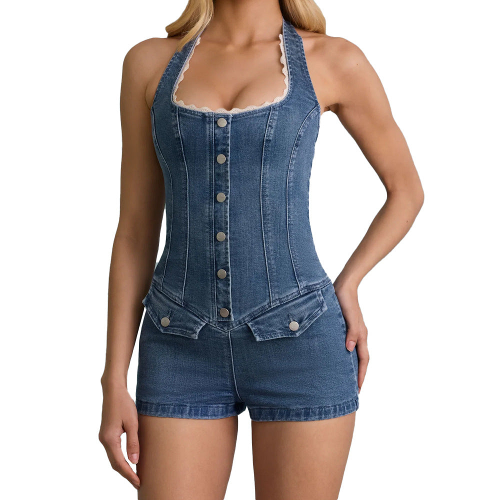 Damen Jeans Overall mit Hochkragen und Knopfleiste Heidi-Mode