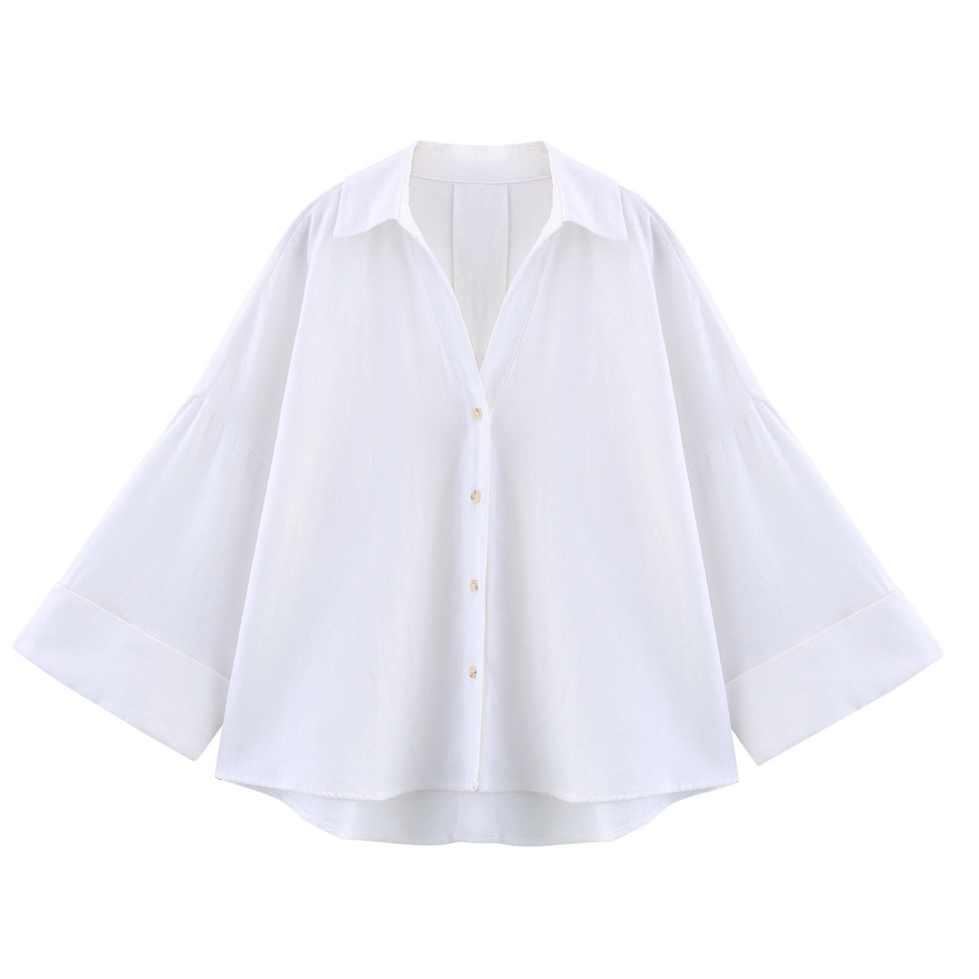 Damen lässige Bluse mit voluminösen Ärmeln und durchgehender Knopfleiste Heidi-Mode