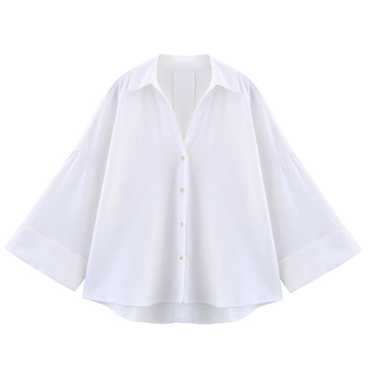 Damen lässige Bluse mit voluminösen Ärmeln und durchgehender Knopfleiste Heidi-Mode