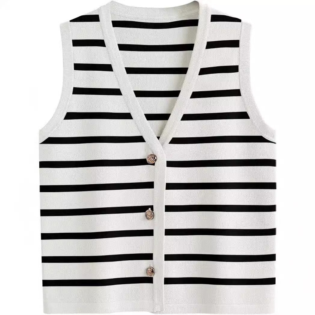 Damen ärmellose Strickweste mit V-Ausschnitt und dekorativen Knöpfen Heidi-Mode