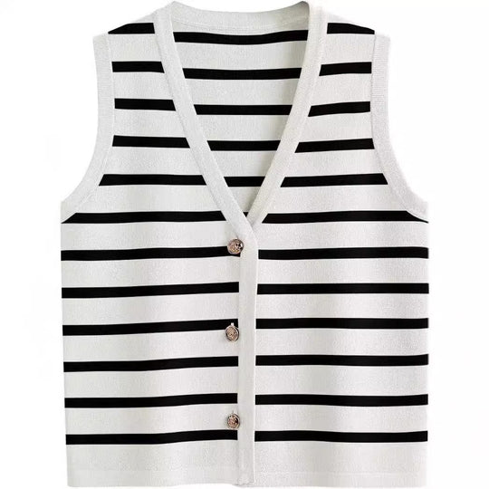 Damen ärmellose Strickweste mit V-Ausschnitt und dekorativen Knöpfen Heidi-Mode