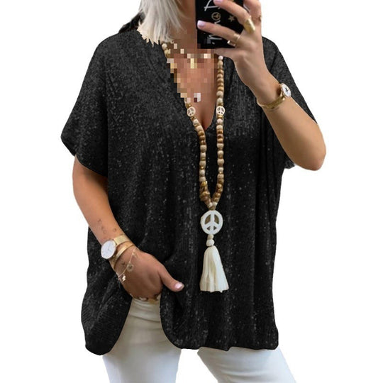 Damen Glamouröses Pailletten-Tunikashirt mit V-Ausschnitt Heidi-Mode