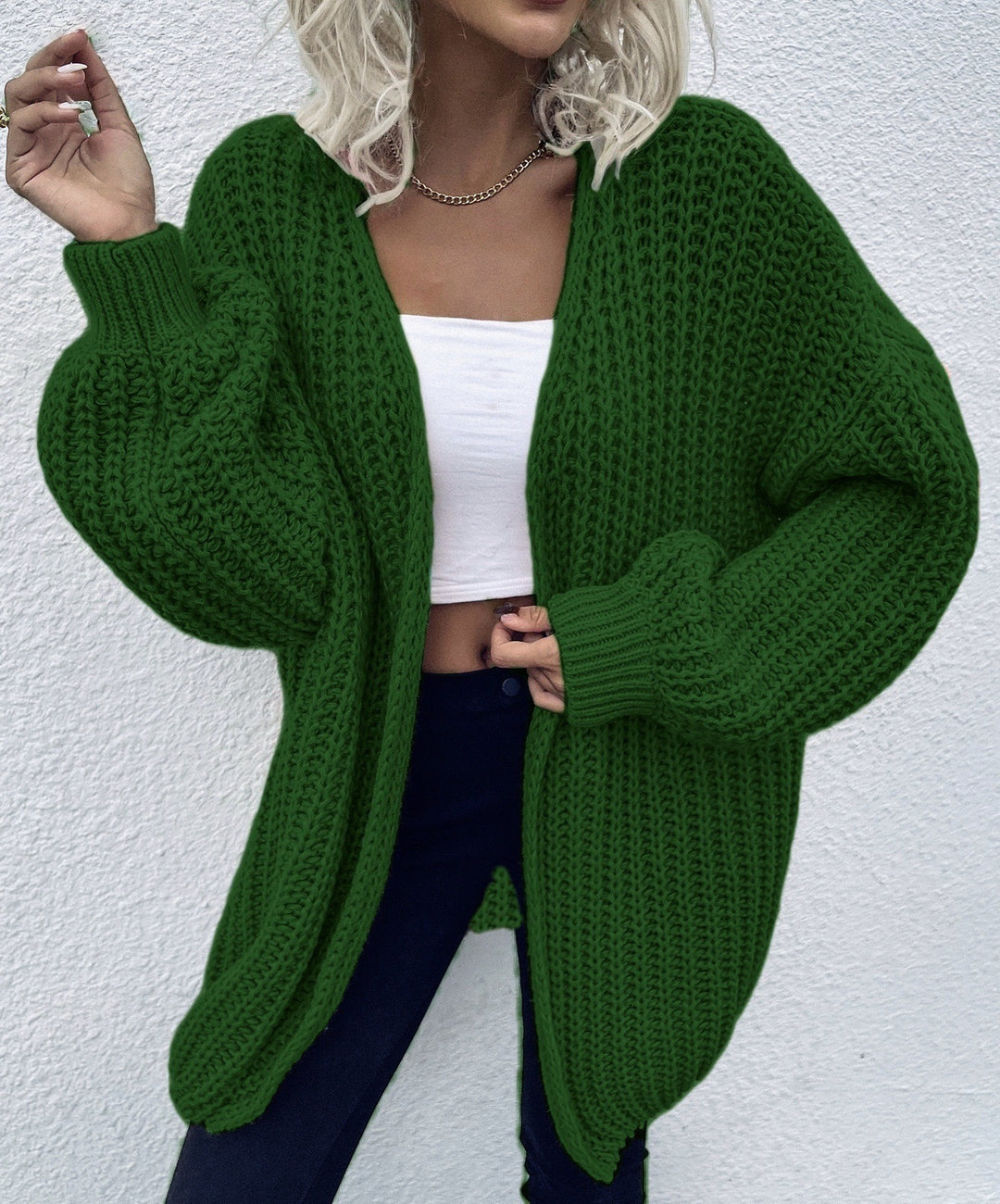 Damen lässiger Grobstrick-Cardigan mit tiefen Taschen und voluminösen Ärmeln Heidi-Mode