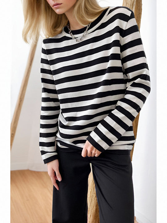 Damen gestreifter Langarmpullover mit Rundhalsausschnitt und lässigem Schnitt Heidi-Mode