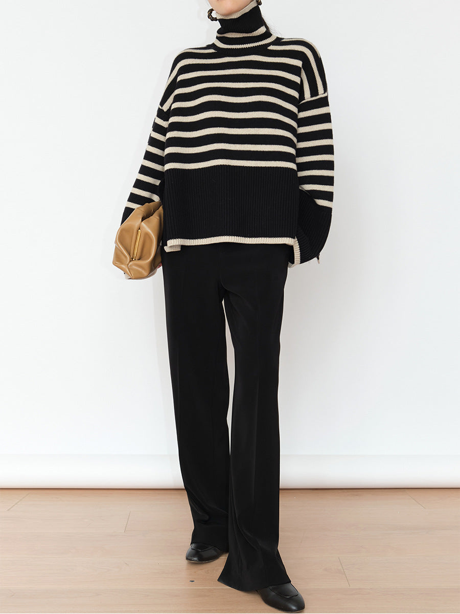 Damen Lässiger Strickpullover mit Blockstreifen und hohem Kragen Heidi-Mode