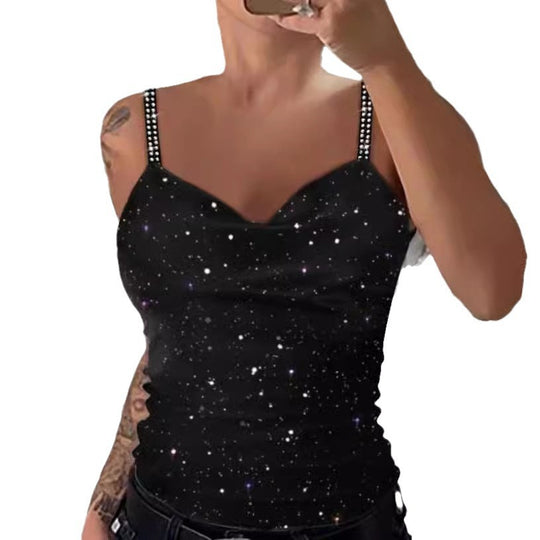 Damen Oberteil mit funkelndem Galaxie-Design und eleganten Spaghetti-Trägern Heidi-Mode
