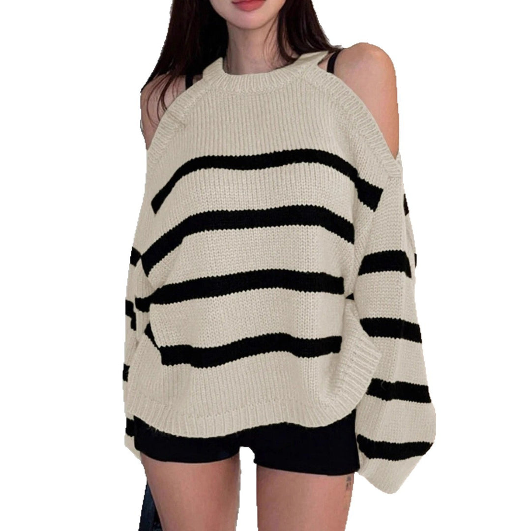 Damen Off-Shoulder Strickpullover mit breiten Streifen Heidi-Mode